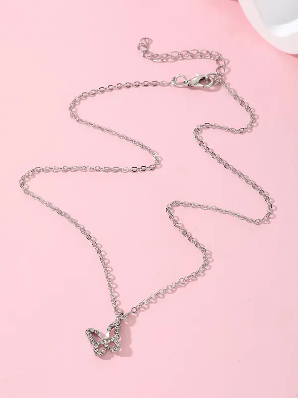 Women's Rhinestones Butterfly Decor Charm Necklace, Trendy Matching Pendants Necklace, Iced Out Jewelry, Women Accessories As...