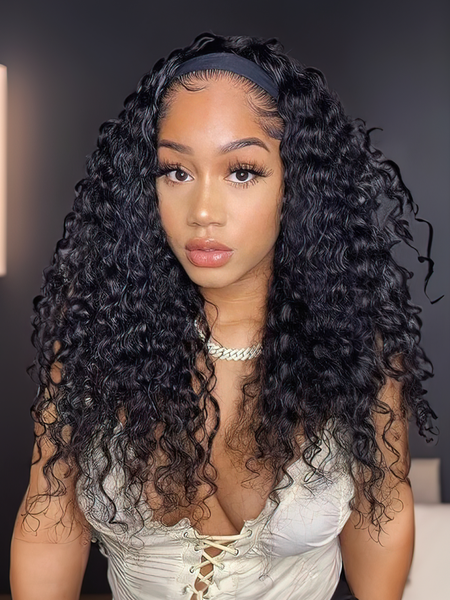 Flash Deal Unice Headband Scarf Wig Water Wave Human Hair Wig 18 Inch