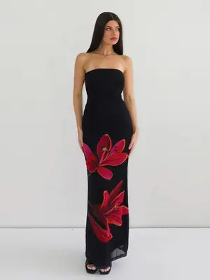 Women's Floral Print Backless Bodycon Tube Dress, Elegant Strapless Tie Back Dress for Party Club Dating Wear, Ladies Summer ...