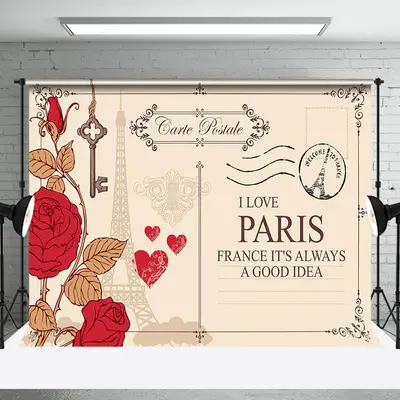 Postcard Rose Eiffel Tower I Love Paris Backdrop
