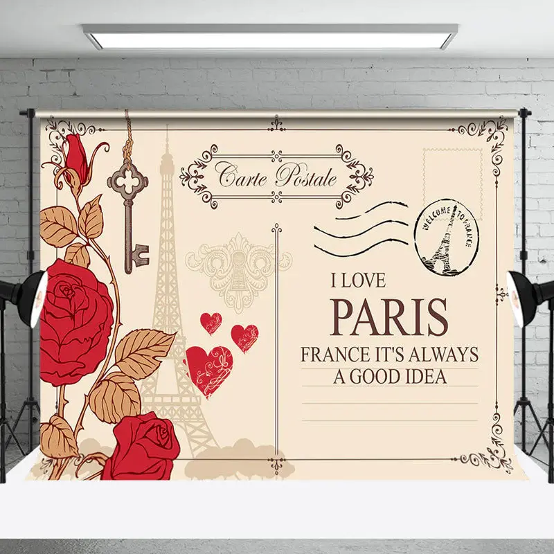 Postcard Rose Eiffel Tower I Love Paris Backdrop