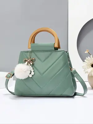 2025 New Women's Elegant Quilted Handbag, Bow Purse, Fashionable Solid Color Handbag with Faux Fur Charm, Simple All-match ...