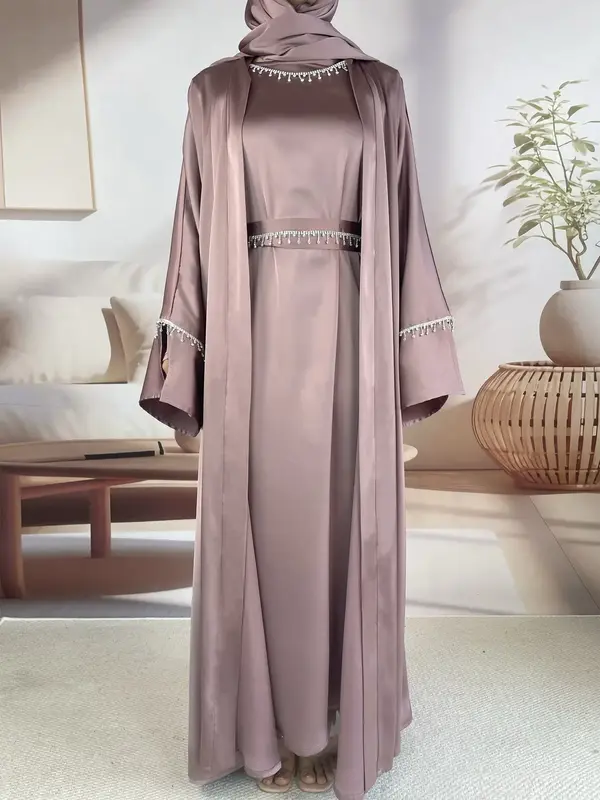 Luxury Satin Abaya Set for Muslim Women, Long Robe with Fringe Belt, Includes Hijab, Headband, Detachable Necklace, All Seaso...