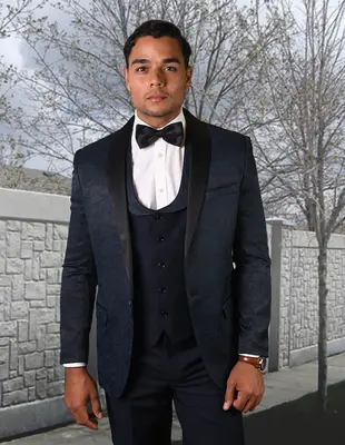 Mens Navy Blue Wedding Tuxedo - Dark Blue Tuxedo Suit Mens One Button Shawl Lapel Vested Prom Tuxedo in Navy Paisley