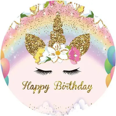 Aperturee Glitter Unicorn Rainbow Round Happy Birthday Backdrop