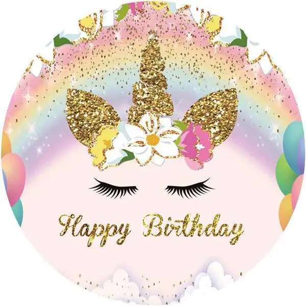 Aperturee Glitter Unicorn Rainbow Round Happy Birthday Backdrop