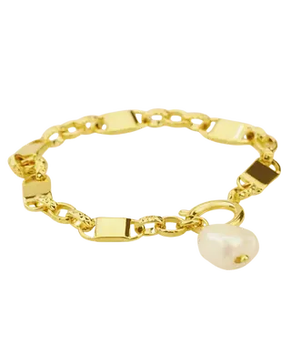 18K Gold Link Chain Bracelet with Pearl