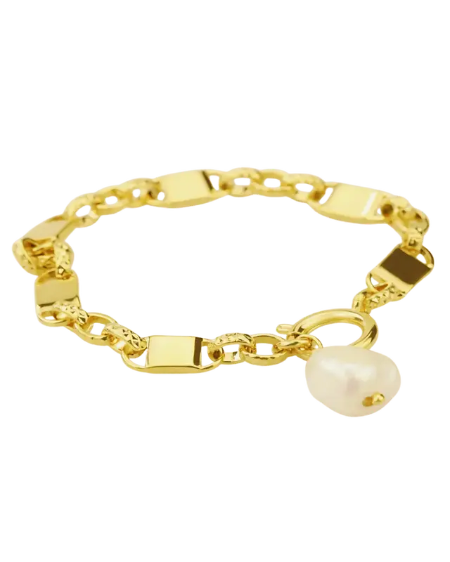 18K Gold Link Chain Bracelet with Pearl