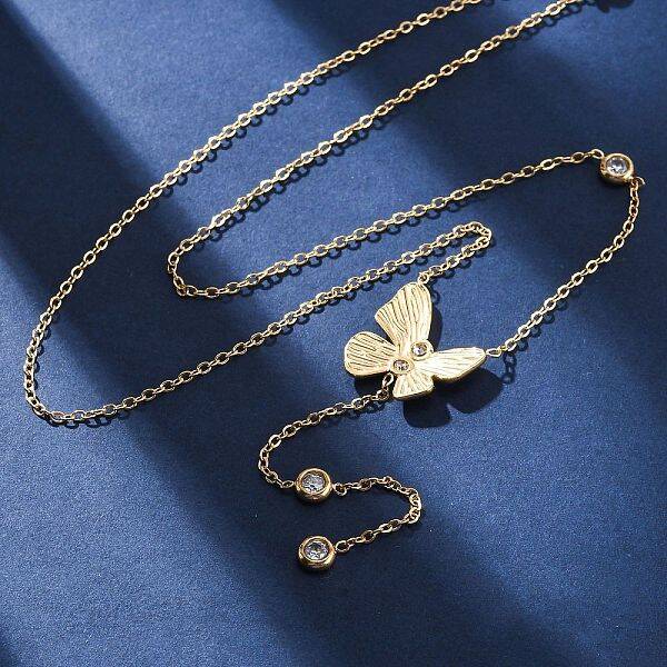 304 Stainless Steel Crystal Rhinestone Butterfly Y Necklaces