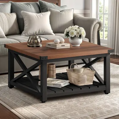 YITAHOME Farmhouse Coffee Table,Square Coffee Table for Living Room, Vintage Living Room Table with Shelf, Coffee Table with ...