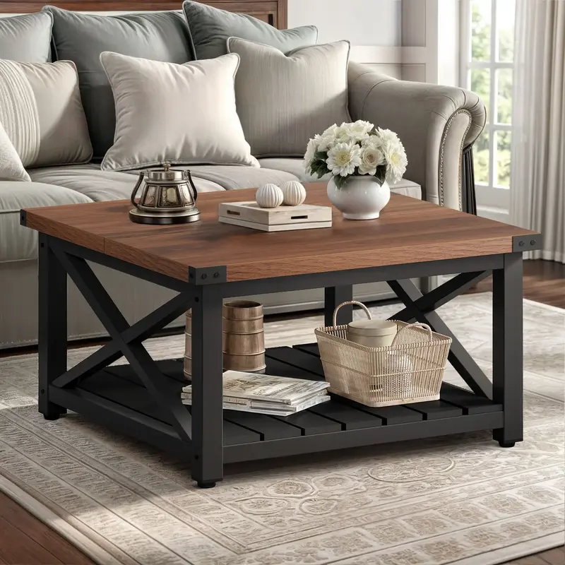 YITAHOME Farmhouse Coffee Table,Square Coffee Table for Living Room, Vintage Living Room Table with Shelf, Coffee Table with ...