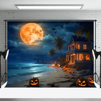 Aperturee Haunted Beach Full Moon Pumpkin Halloween Backdrop - Aperturee
