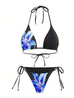 Women's Floral Print Bikini Set, Tie-Up Triangle Top And Tie-Side Triangle Bottom, Summer 2pcs Sexy Women's Triangle Cup Halt...