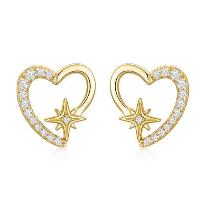 14K Gold Cubic Zirconia Heart & Star Stud Earrings