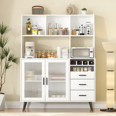 VOWNER Kitchen Hutch Storage Cabinet, Freestanding Kitchen Pantry with Glass Doors and 3 Drawers, Modern Sideboard Buffet Cab...