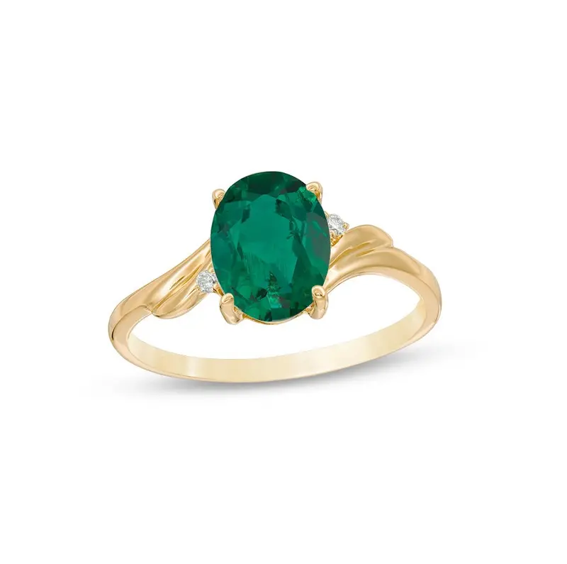 10K Gold Oval Cut Emerald and Diamond Accent Bypass Swirl Shank Engagement Band