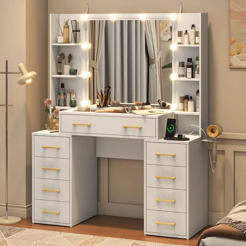 Glass Top Vanity Desk with Mirror & Lights, Large Vanity Makeup Mirror Desk with Charging Station & Compartment Storage Drawe...