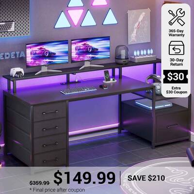 SEDETA 66 Inch LED Gaming Desk Computer Desk with 5 Drawer Black Home Office Furniture