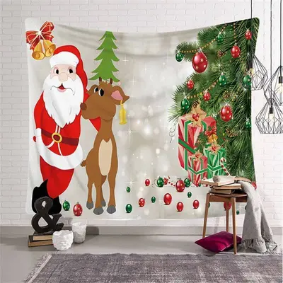 Santa Claus Elk Christmas Landscape Cartoon Wall Tapestry - Aperturee