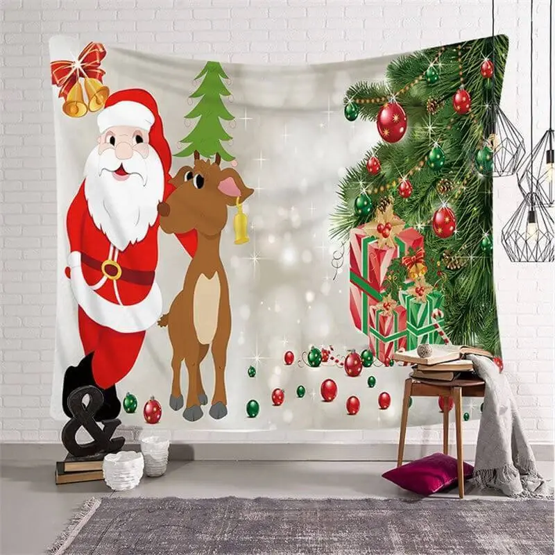 Santa Claus Elk Christmas Landscape Cartoon Wall Tapestry - Aperturee