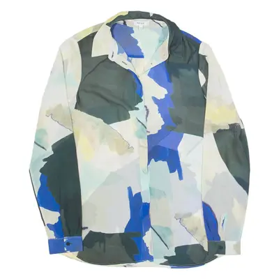 REISS Celina Sheer Womens Printed Shirt Beige Collared Crazy Pattern UK 4