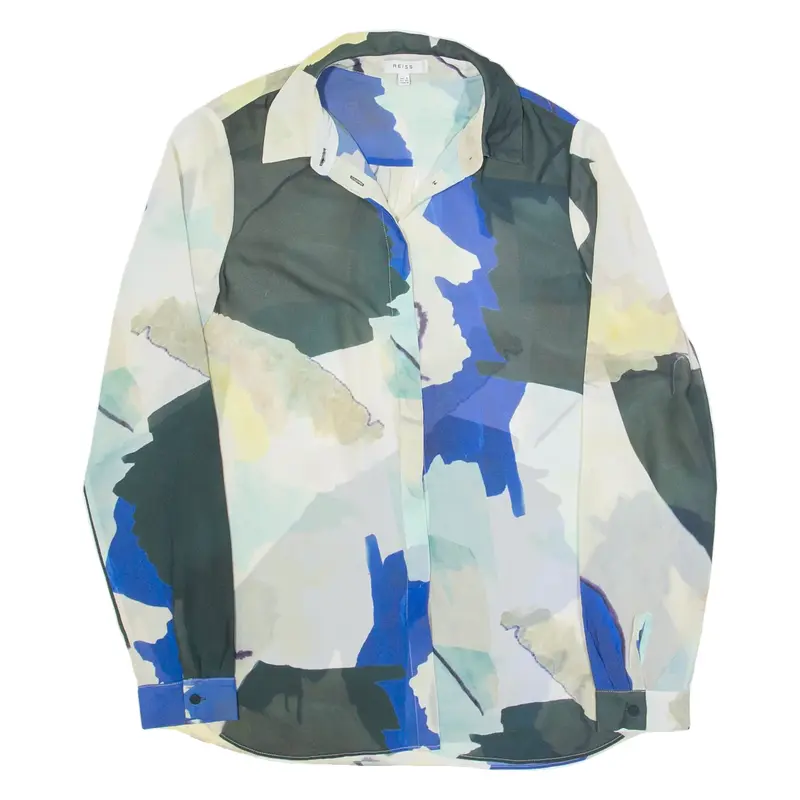 REISS Celina Sheer Womens Printed Shirt Beige Collared Crazy Pattern UK 4