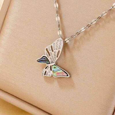 Hollow Out Brass Clear Cubic Zirconia Butterfly Pendant Necklaces