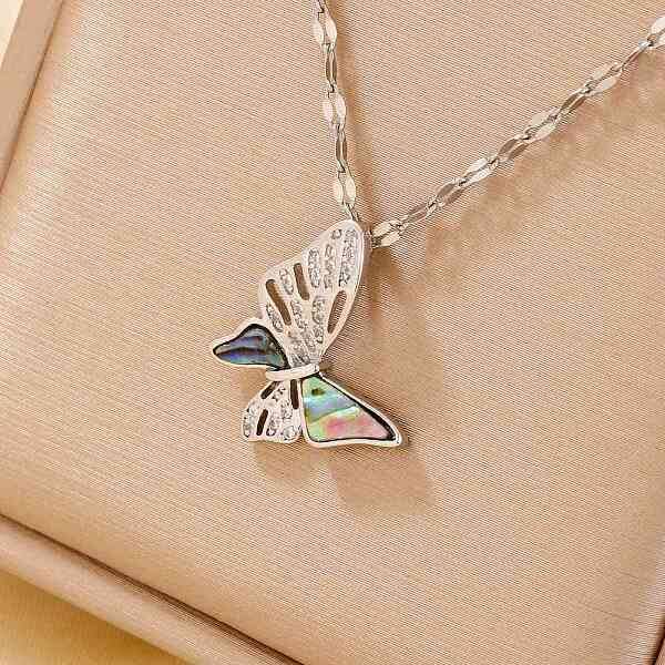 Hollow Out Brass Clear Cubic Zirconia Butterfly Pendant Necklaces