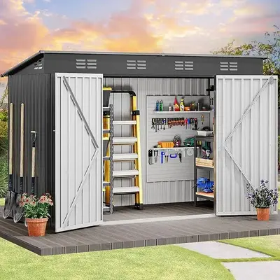 YITAHOME 9.1' x 4.2' Outdoor Storage Shed, Large Metal Tool Sheds, Heavy Duty Storage House with Lockable Doors & Air Vent fo...