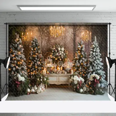 Aperturee Snowy Xmas Tree Candlelight Retro Christmas Backdrop | Diy Christmas Backdrop | Christmas Backgrounds Fireplace | W...