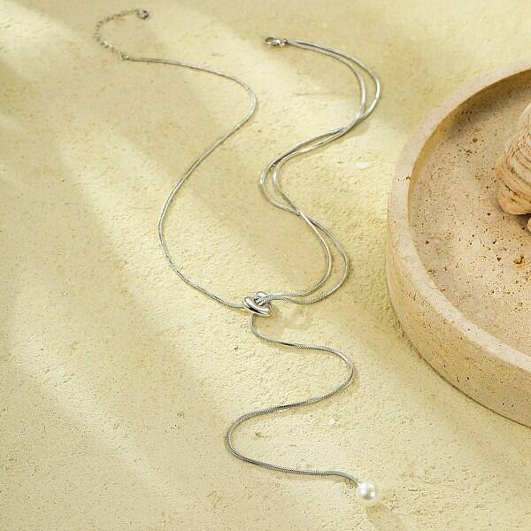 304 Stainless Steel Round Shell Pearl Pendant Lariat Necklaces for Women
