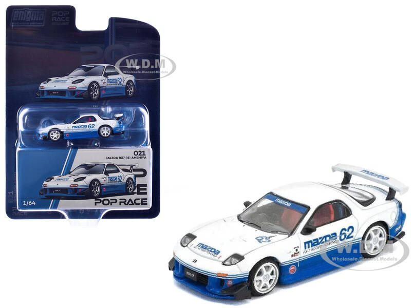 Mazda RX7 RE-Amemiya RHD (Right Hand Drive) #62 White and Blue with Graphics Enigma Exclusive Edition 1/64 Diecast Model Ca...
