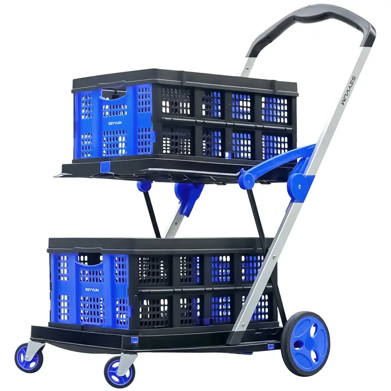 Collapsible Shopping Cart - 2-Tier Multi-Use Functional Portable Folding Food Cart with Wheels & Removable Basket Carries,2 b...