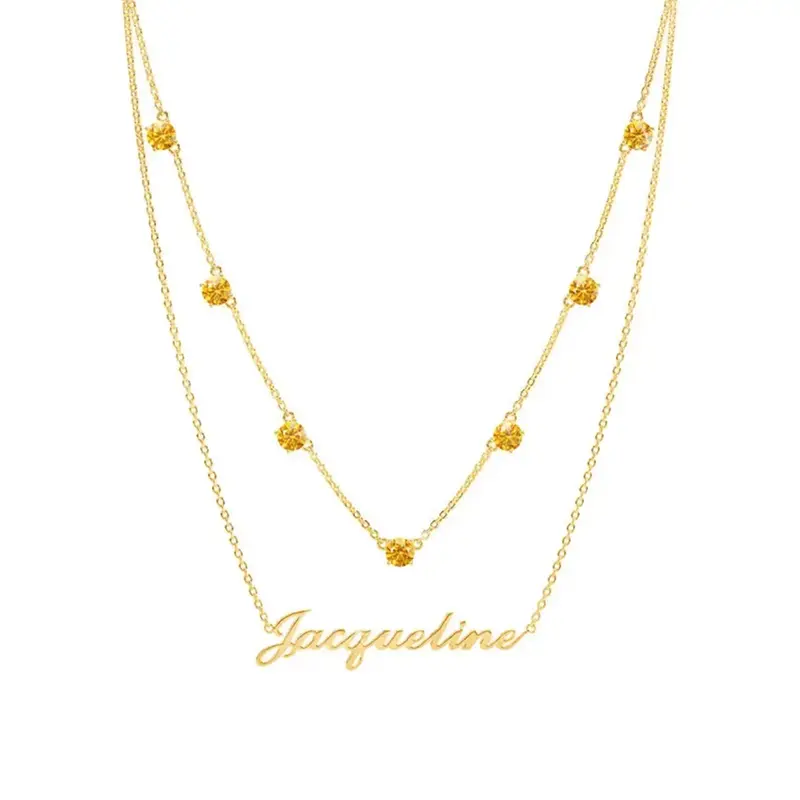 Sterling Silver With Gold Plated Round Cubic Zirconia Personalized Birthstone Classic Name Layered Necklace