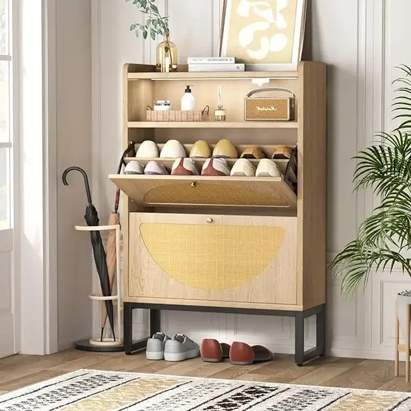 Vabches Shoe Storage Cabinet, Rattan Shoe Cabinet with 2 Flip Drawers & Sensor Light for Entryway, Narrow Free Standing Shoe ...