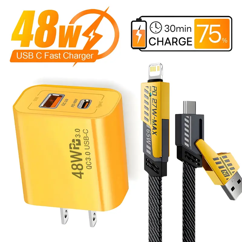 48W USB C Fast Charger Set, Portable Adapter with 6FT 4-in-1 USB A+Type C Fast Charging Data Cable for iPhone 17/17 Air/16/15...