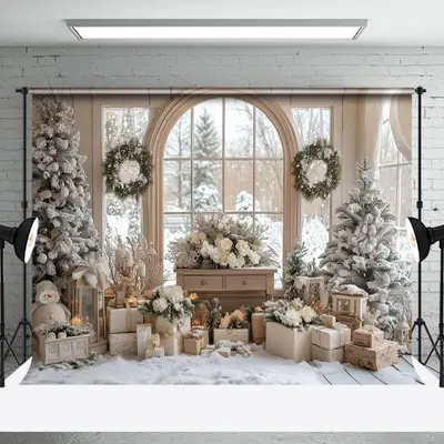 Snowy Indoor Floral Tree Window Christmas Backdrop - Aperturee