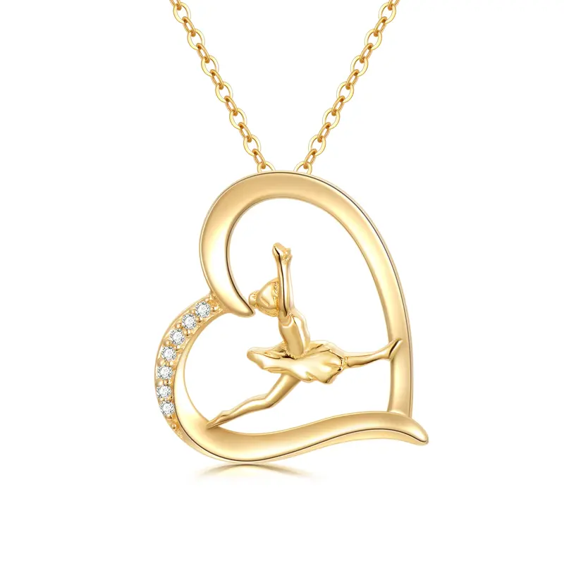 14K Gold Cubic Zirconia Ballet Dancer & Heart Pendant Necklace