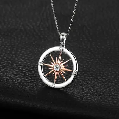 Dazzling Sun Star Compass Circle Pendant Necklace in 925 Sterling Silver with Elegant Rose Gold Finish - Perfect Gift for Wom...