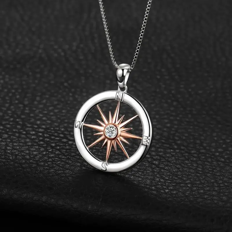 Dazzling Sun Star Compass Circle Pendant Necklace in 925 Sterling Silver with Elegant Rose Gold Finish - Perfect Gift for Wom...