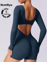 Women's Fall Solid Cut Out Ruched Sports Romper, Tummy Control Jumpsuit for Women, Long Sleeve Square Neck Bodycon Romper for...