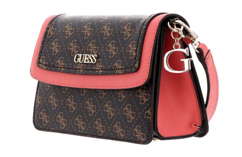 Guess, Camy, synthetic leather, 4G logo, fabric shoulder bag, coral/brown, for women