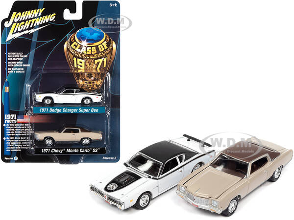 1971 Dodge Charger Super Bee White and 1971 Chevrolet Monte Carlo SS Sandalwood Brown Class of 1971 Set of 2 Cars 1/64 Diecas...