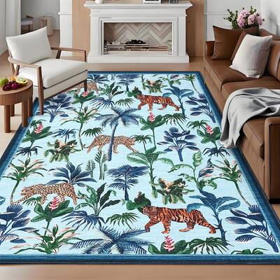 Garvee Blue Tiger 5x7 Washable Rug Tropical Jungle Plant Non-Slip Low Pile Stain Resistant Blue Living Room Bedroom Decor
