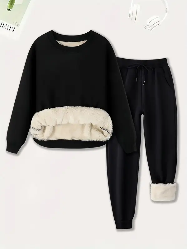 Women's Plain Plush Lined Sweatshirt & Drawstring Waist Sweatpants Two-piece Set, Casual Round Neck Long Sleeve Pullover & Po...