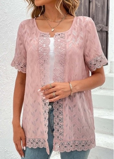 Modlily Pink Lace Short Sleeve Round Neck Topper - XL