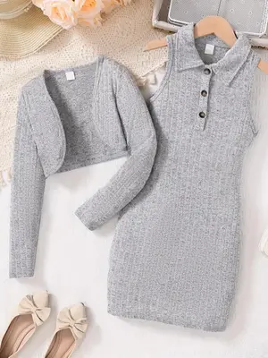 Girl's Solid Long Sleeve Crop Outerwear & A Polo Neck Tank Dress Two-Piece Set, Casual Open Front Outerwear & Sleeveless Half...