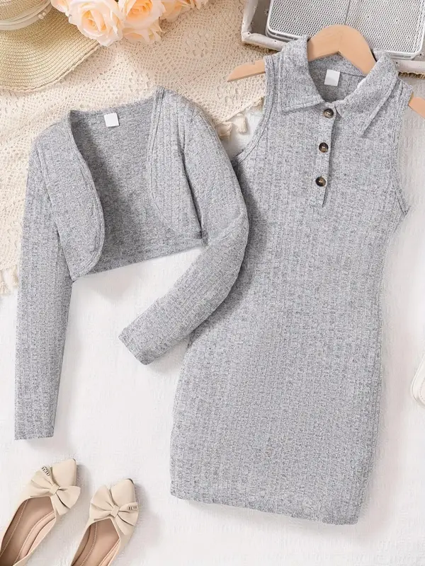 Girl's Solid Long Sleeve Crop Outerwear & A Polo Neck Tank Dress Two-Piece Set, Casual Open Front Outerwear & Sleeveless Half...