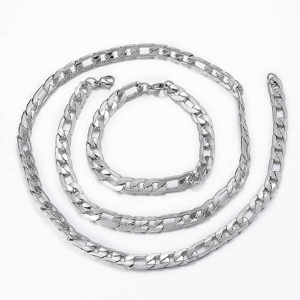 Trendy Men's 201 Stainless Steel Curb Chain Necklaces & Bracelets Sets