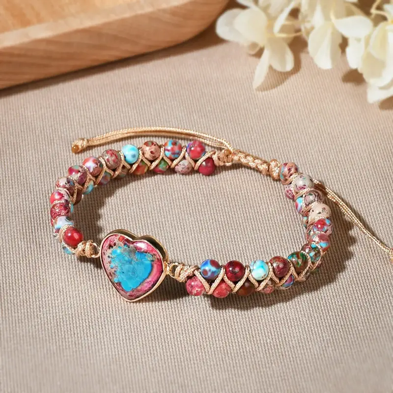 Natural Boho Gemstone Bracelet Heart Charm Stone Crystal Bracelet Bohemia Style for Daily Use Christmas Gift for Mother Daugh...